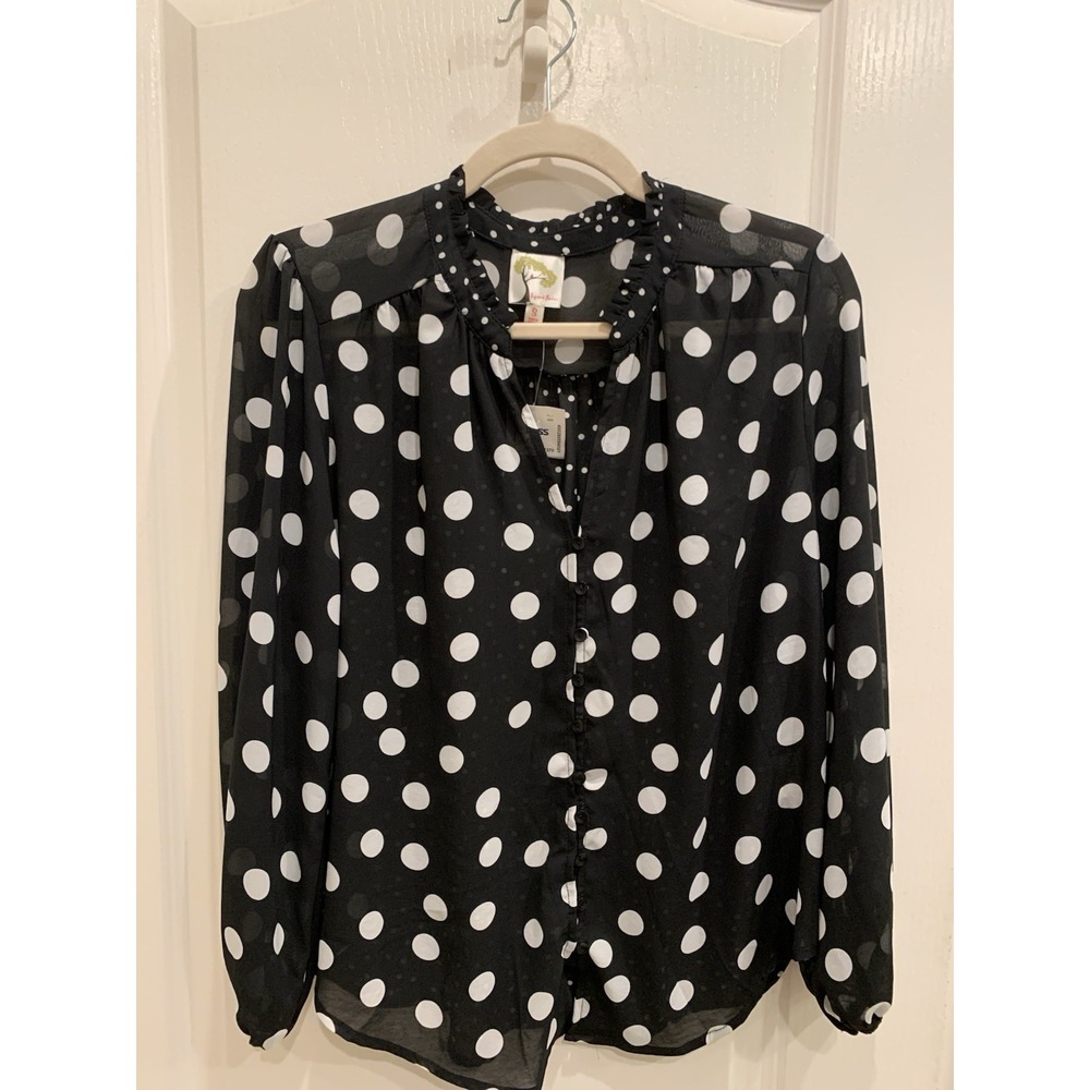 Fig and Flower Black and White Polka Dots Sheer Button Blouse NWT